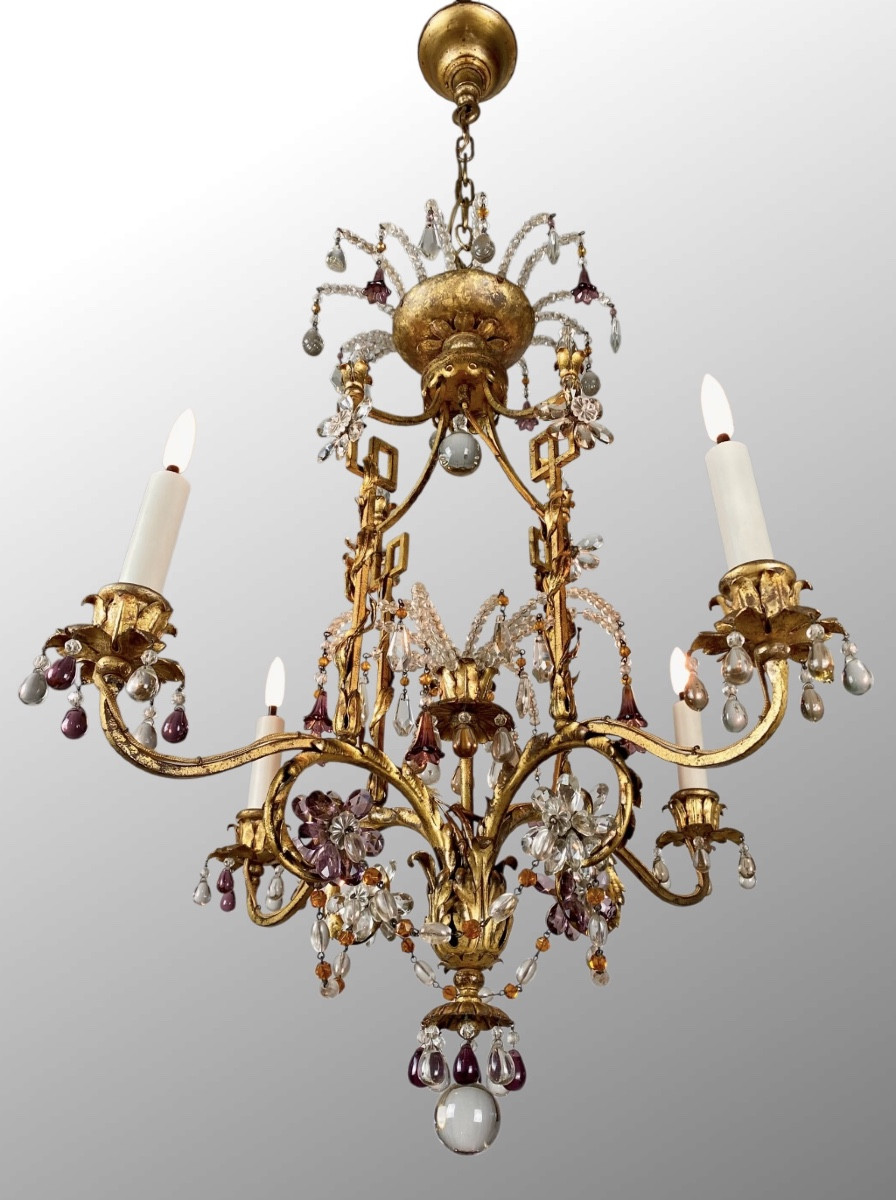 Neoclassical Chandelier In Gilded Wrought Iron And Crystals With 4 Light Arms Attributed To Baguès-photo-2