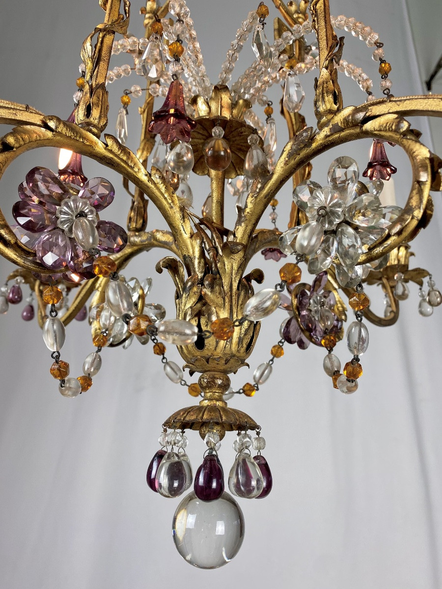 Neoclassical Chandelier In Gilded Wrought Iron And Crystals With 4 Light Arms Attributed To Baguès-photo-3