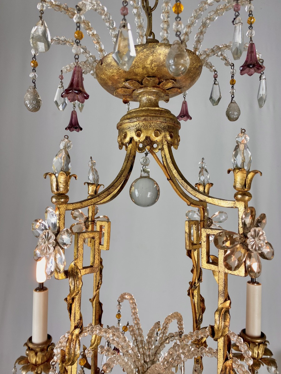 Neoclassical Chandelier In Gilded Wrought Iron And Crystals With 4 Light Arms Attributed To Baguès-photo-4