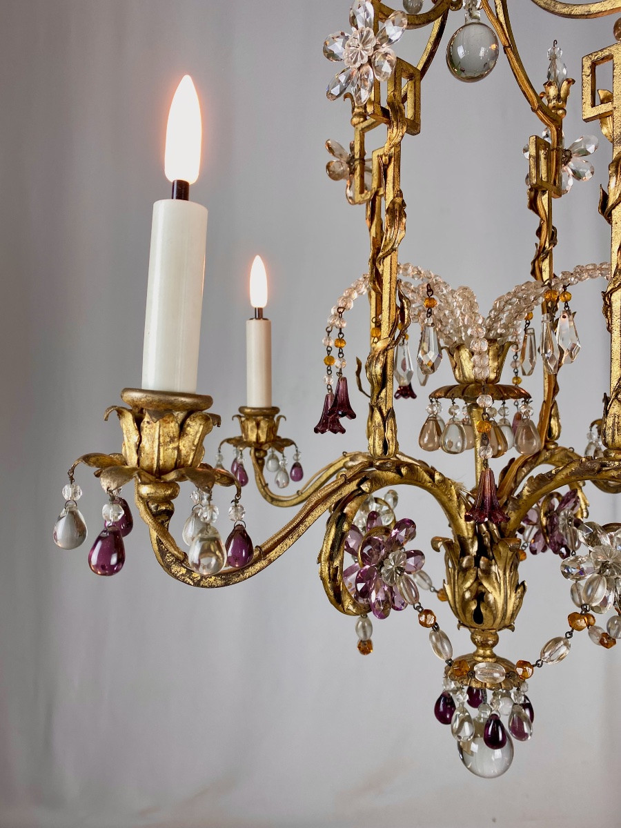 Neoclassical Chandelier In Gilded Wrought Iron And Crystals With 4 Light Arms Attributed To Baguès-photo-5
