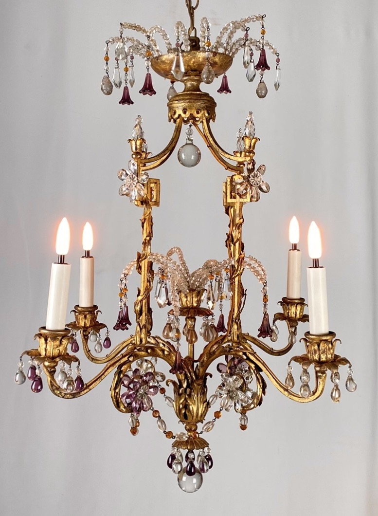 Neoclassical Chandelier In Gilded Wrought Iron And Crystals With 4 Light Arms Attributed To Baguès