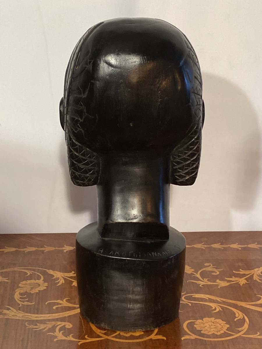 Sculpture datée 1957 et signée tête de jeune fille Malgache ethnie Betsimizaraka Madagascar -photo-3