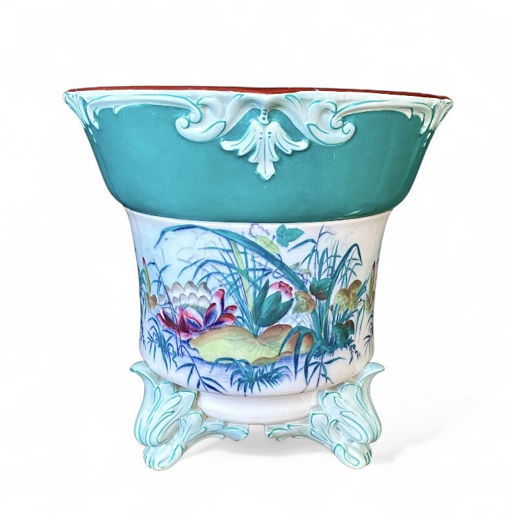 19th Century Polychrome Planter U&c Sarreguemines Model Nénuphar -photo-2