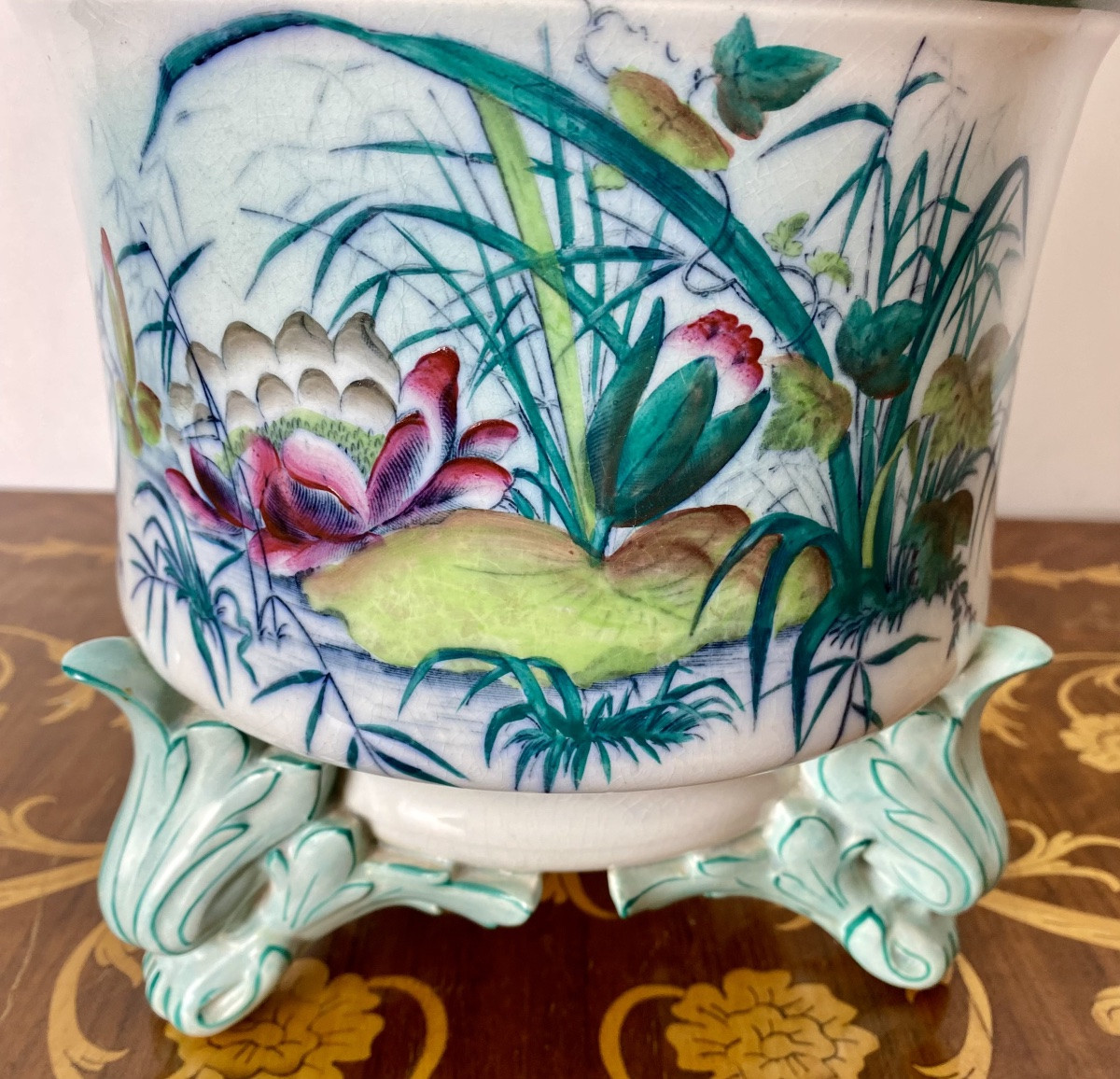 19th Century Polychrome Planter U&c Sarreguemines Model Nénuphar -photo-2