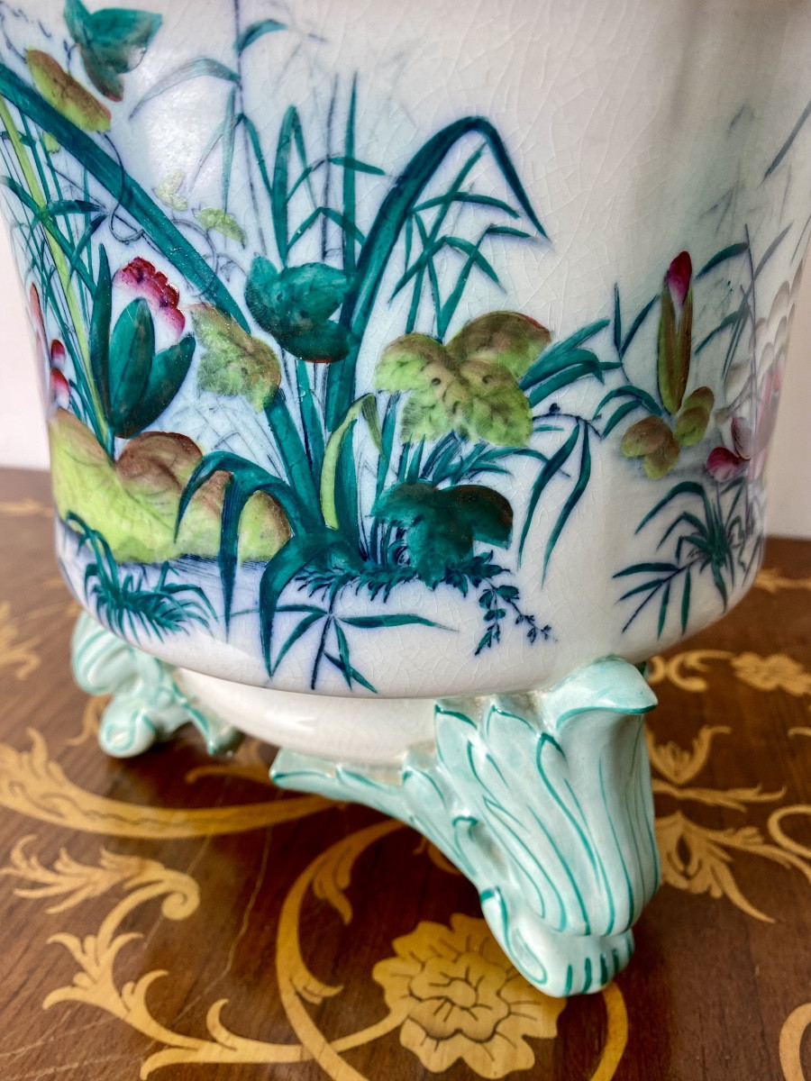 19th Century Polychrome Planter U&c Sarreguemines Model Nénuphar -photo-4
