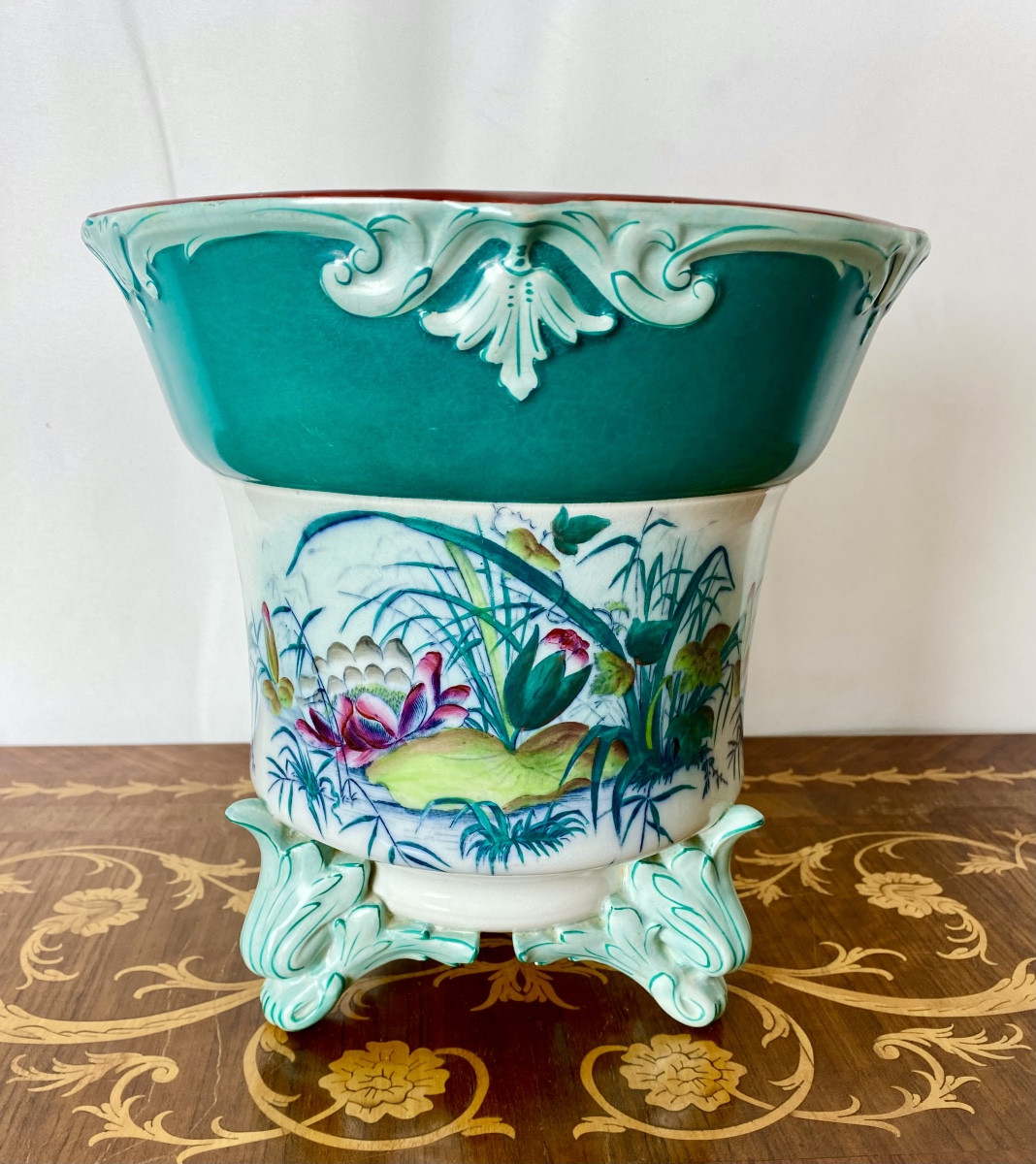19th Century Polychrome Planter U&c Sarreguemines Model Nénuphar 