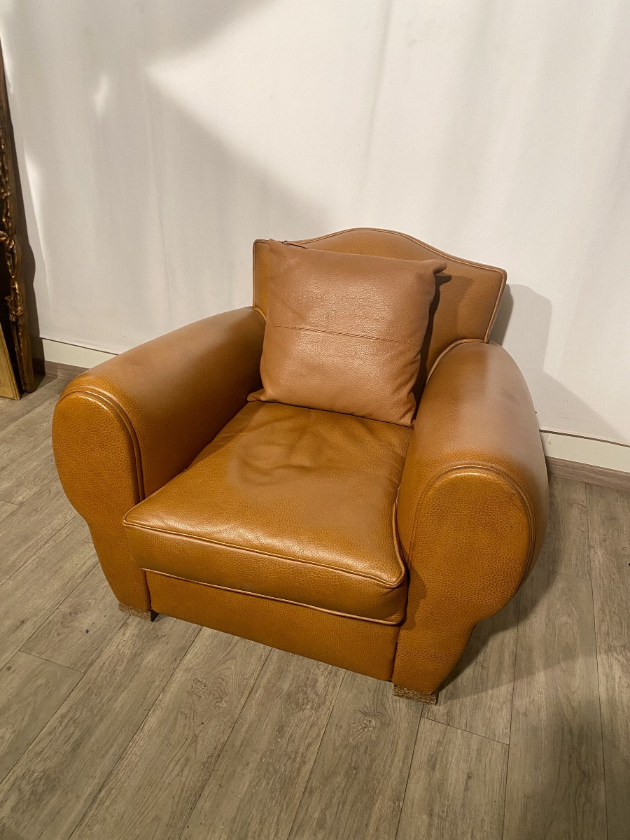 Fauteuil club 1930 1940 Art Déco en cuir couleur camel -photo-2