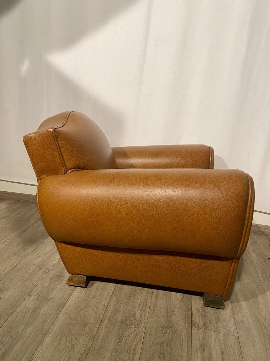 Fauteuil club 1930 1940 Art Déco en cuir couleur camel -photo-4