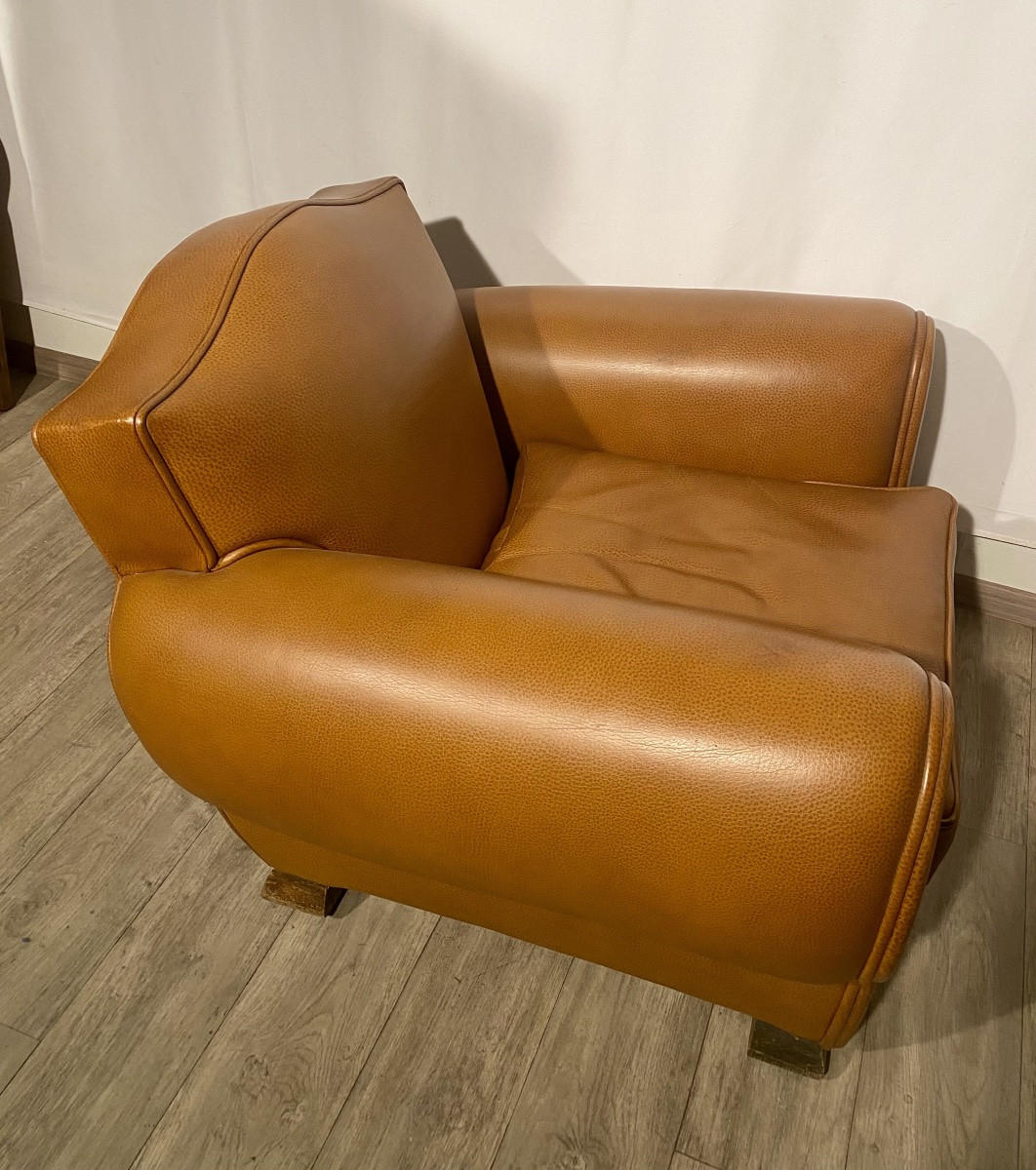 Fauteuil club 1930 1940 Art Déco en cuir couleur camel -photo-5