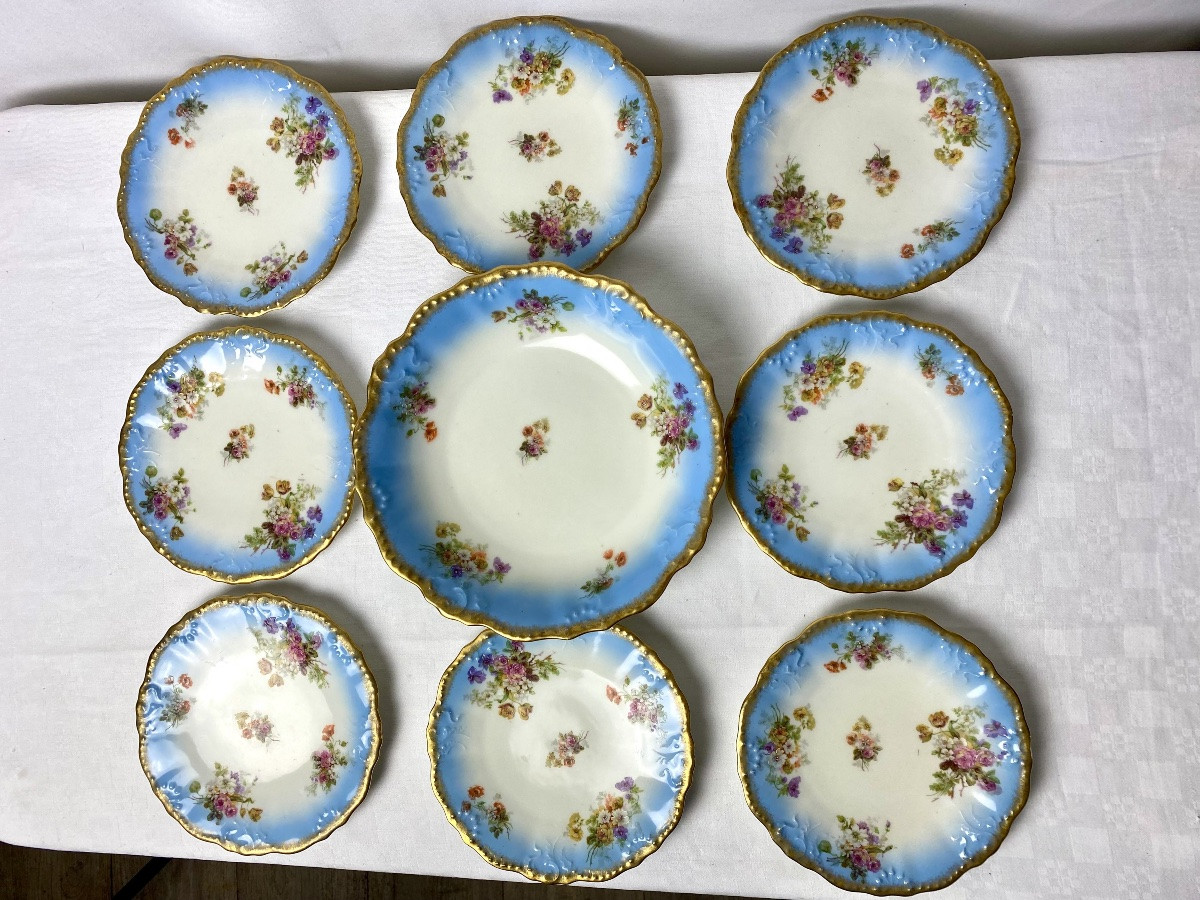 Golse Limoges Service à dessert à décor floral plat et 8 assiettes -photo-2