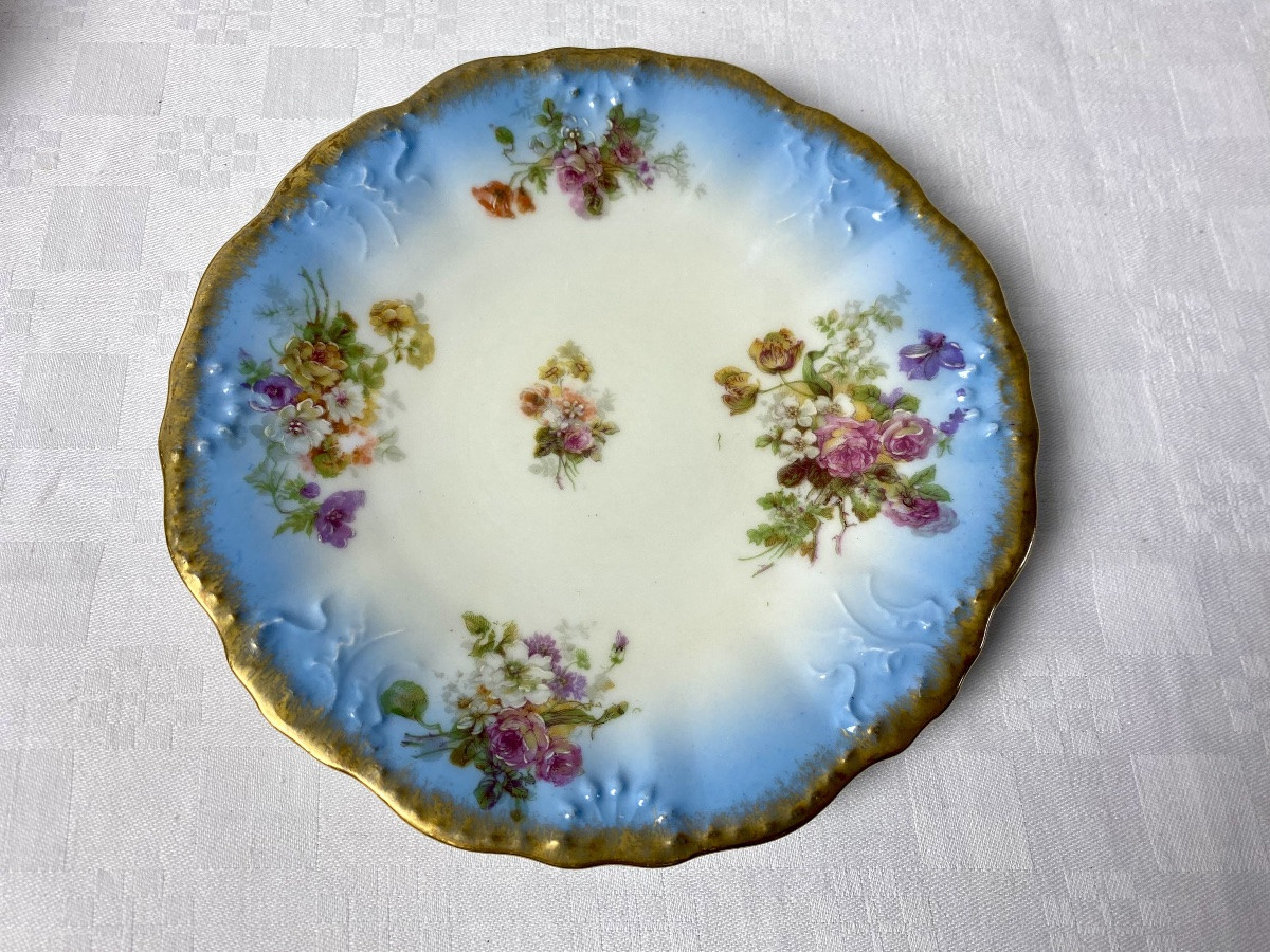 Golse Limoges Service à dessert à décor floral plat et 8 assiettes -photo-6