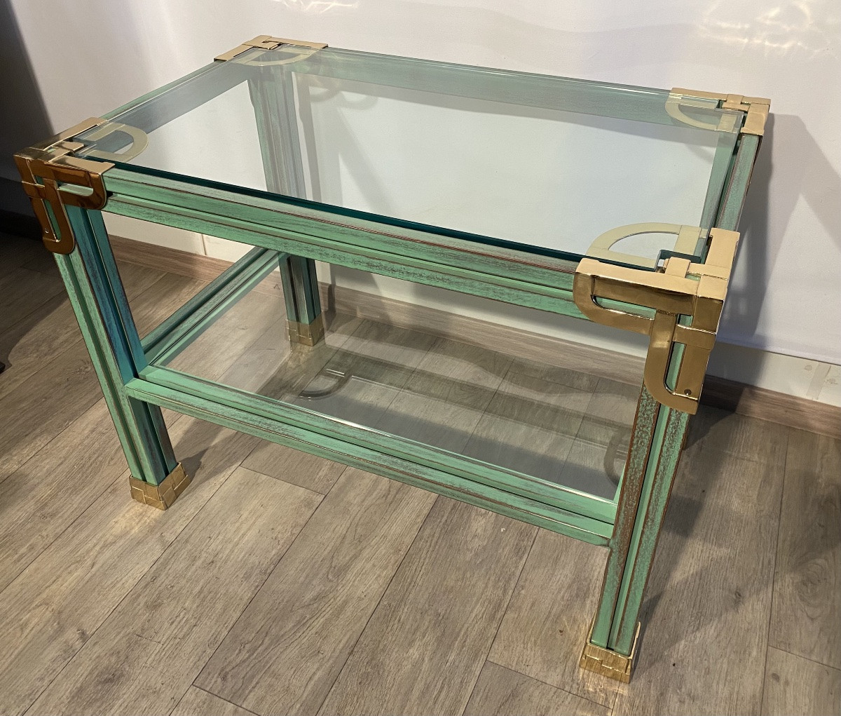 Bout de canapé Maison Valenti en bois patiné vert et bronze doré plateaux verre table d’appoint-photo-3