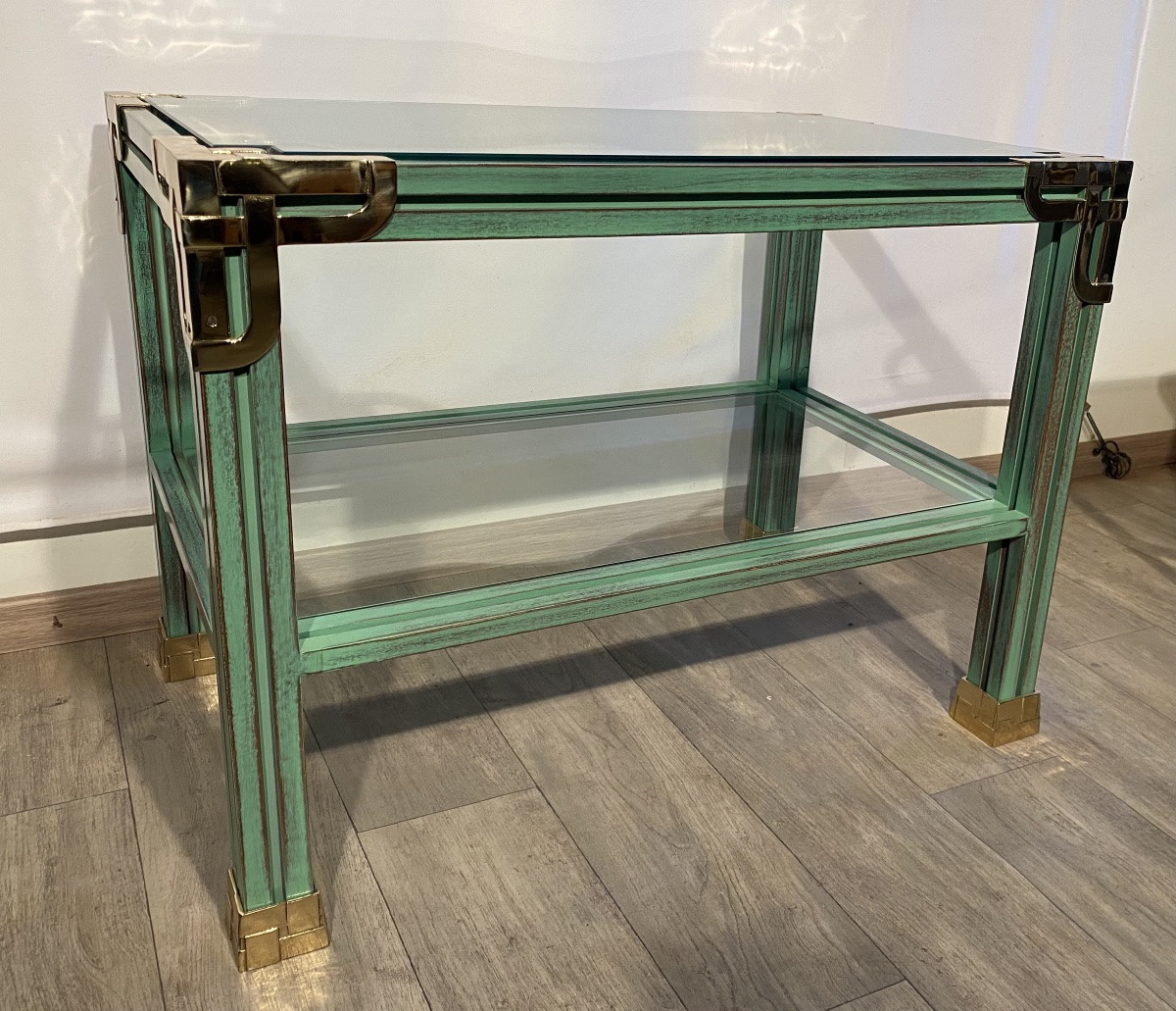 Bout de canapé Maison Valenti en bois patiné vert et bronze doré plateaux verre table d’appoint-photo-4