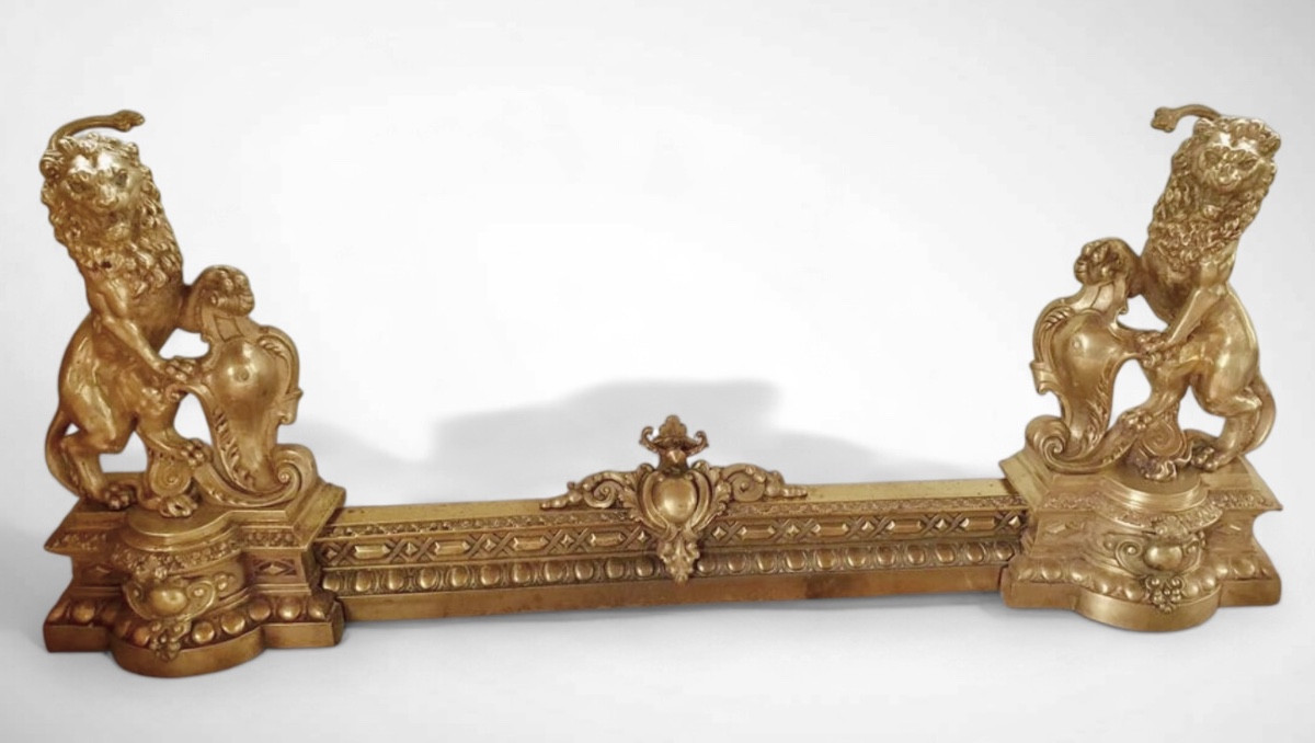 Andirons With Roaring Lions In Gilded Bronze
