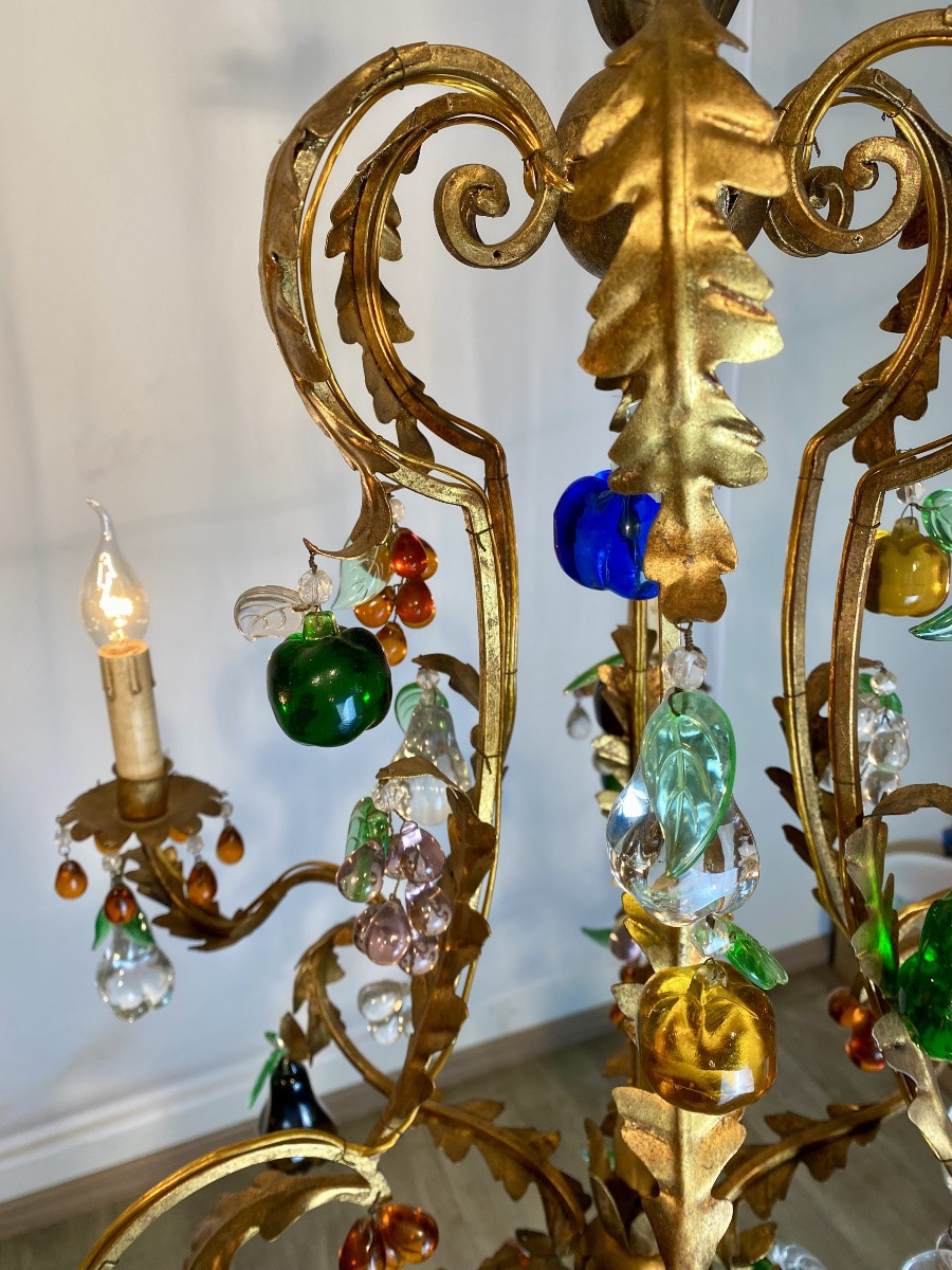 Large Louis XV Cage Chandelier In Gilded Metal With Murano Glass Fruit, Featuring 6 Lights -photo-3