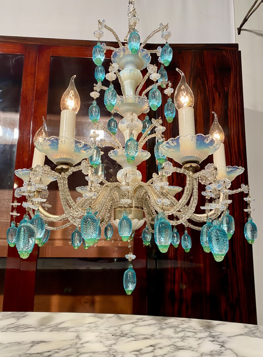 Lustre à 6 bras de lumière en cristal verre opalescent opaline verre de Murano et métal argenté-photo-3