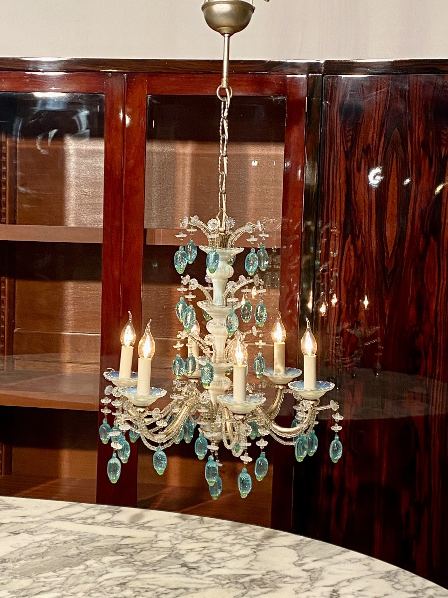 Lustre à 6 bras de lumière en cristal verre opalescent opaline verre de Murano et métal argenté-photo-4