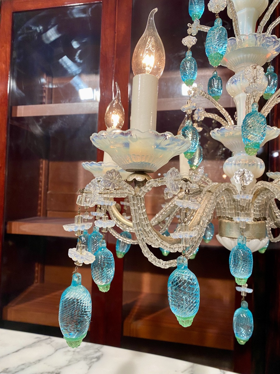 Lustre à 6 bras de lumière en cristal verre opalescent opaline verre de Murano et métal argenté-photo-1