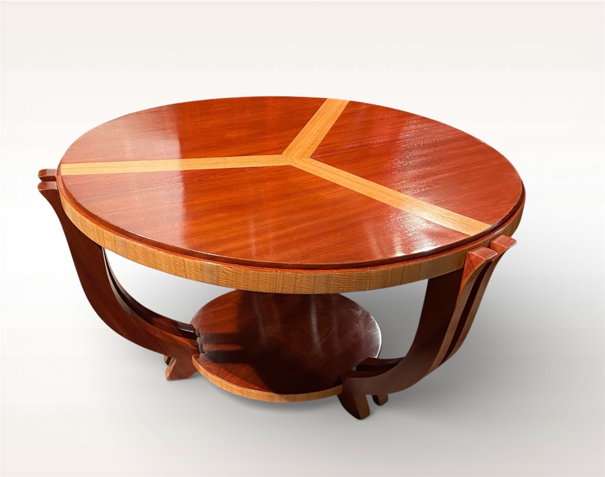 Large Round Art Deco Coffee Table With Two Shelves In Exotic Wood And Curly Maple