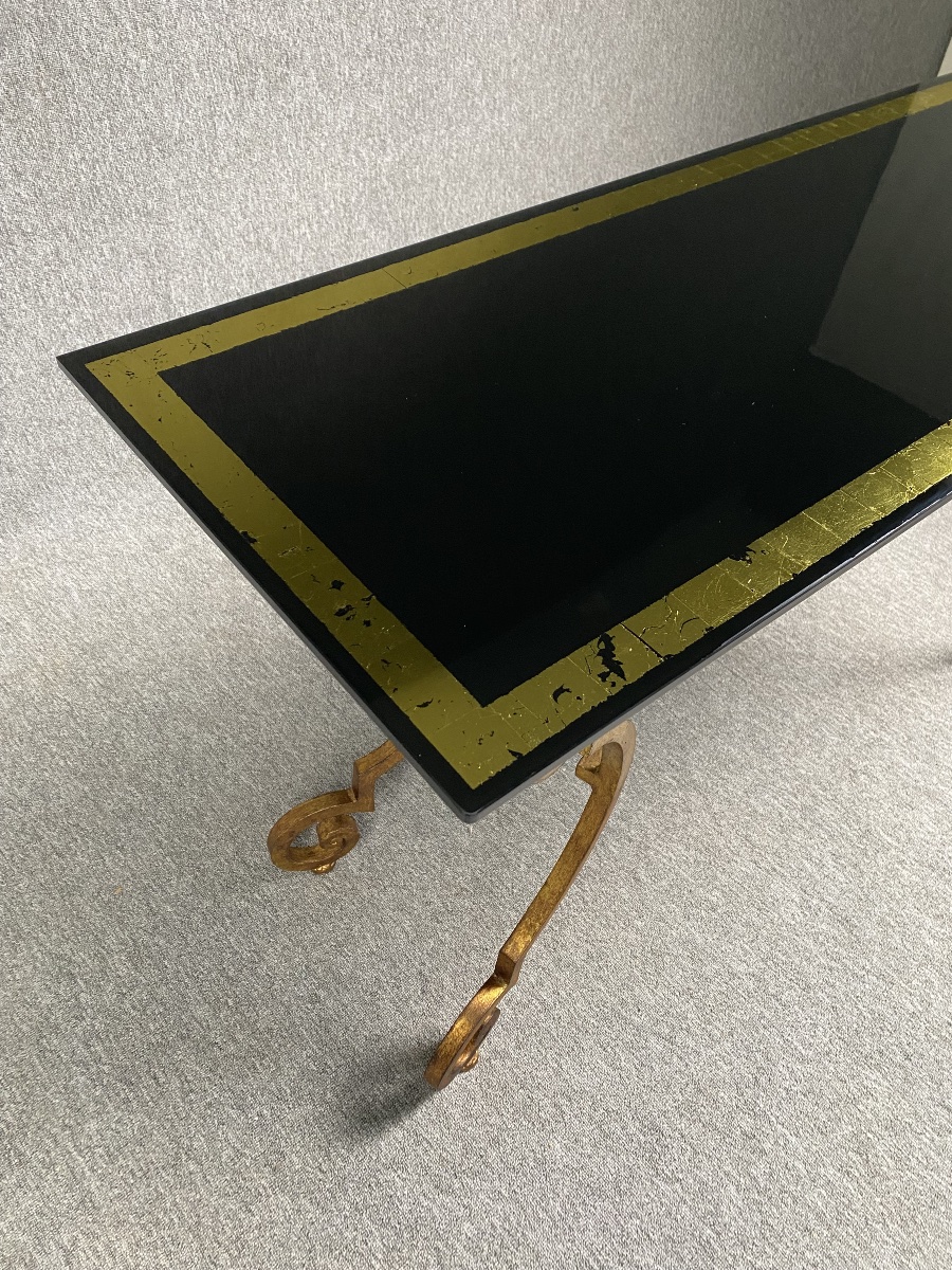 Console Table Made Of Gilded And Patinated Wrought Iron, With A Gold-and-black églomisé Glass Top-photo-4