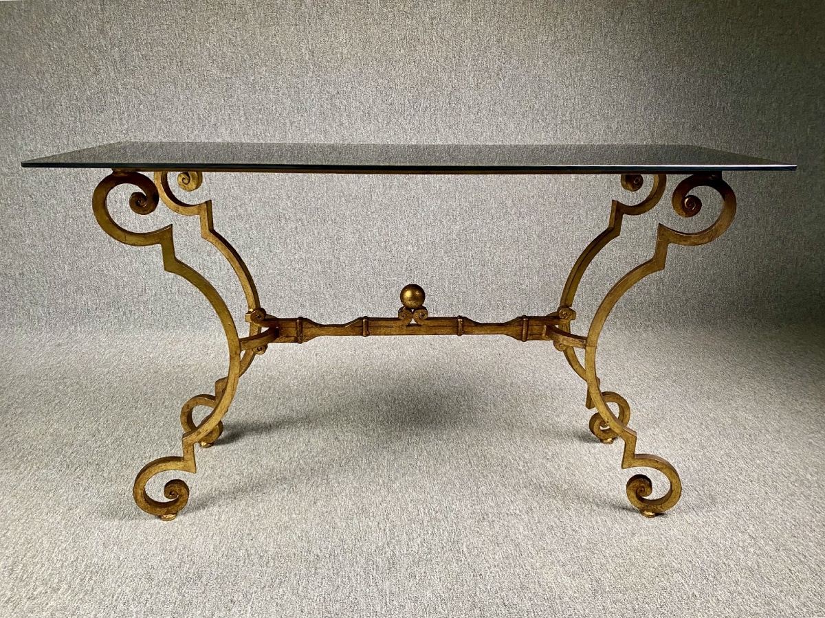 Console Table Made Of Gilded And Patinated Wrought Iron, With A Gold-and-black églomisé Glass Top-photo-2