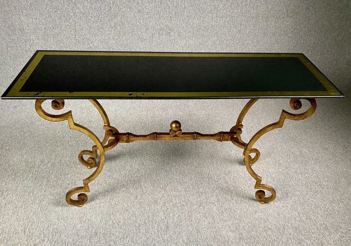 Console Table Made Of Gilded And Patinated Wrought Iron, With A Gold-and-black églomisé Glass Top-photo-3