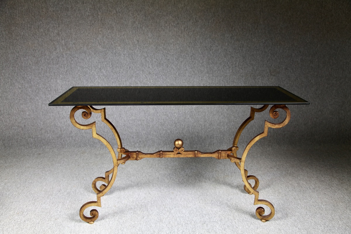 Console en fer forg&eacute; dor&eacute; et patin&eacute;, plateau en verre &eacute;glomis&eacute; or et noir-photo-3