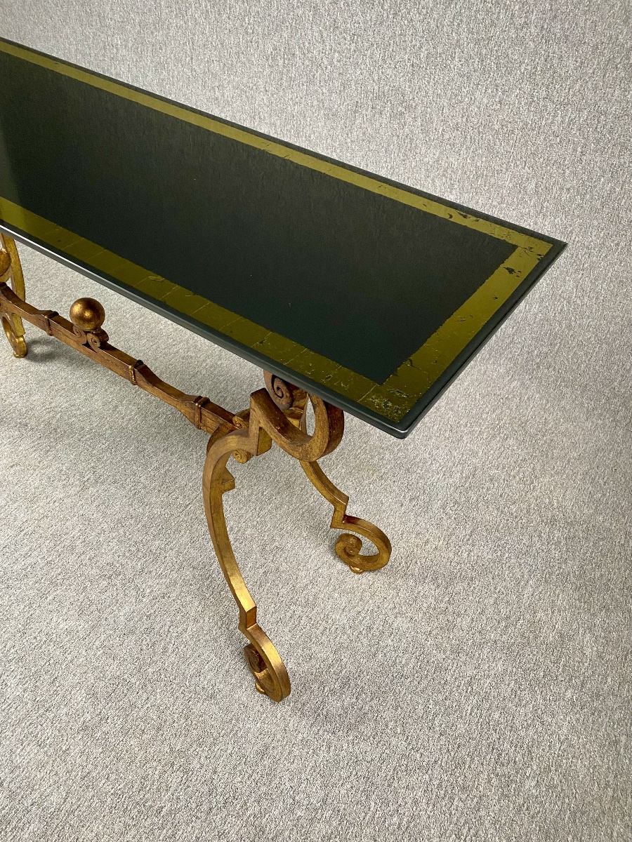 Console Table Made Of Gilded And Patinated Wrought Iron, With A Gold-and-black églomisé Glass Top-photo-1