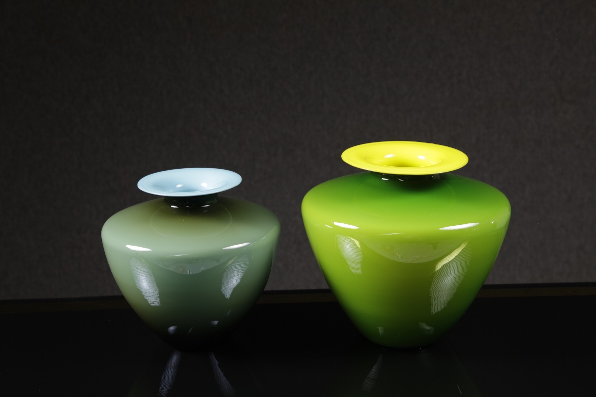 Deux vases Murano de Carlo Nason bleu gris turquoise et vert tendre jaune clair -photo-2