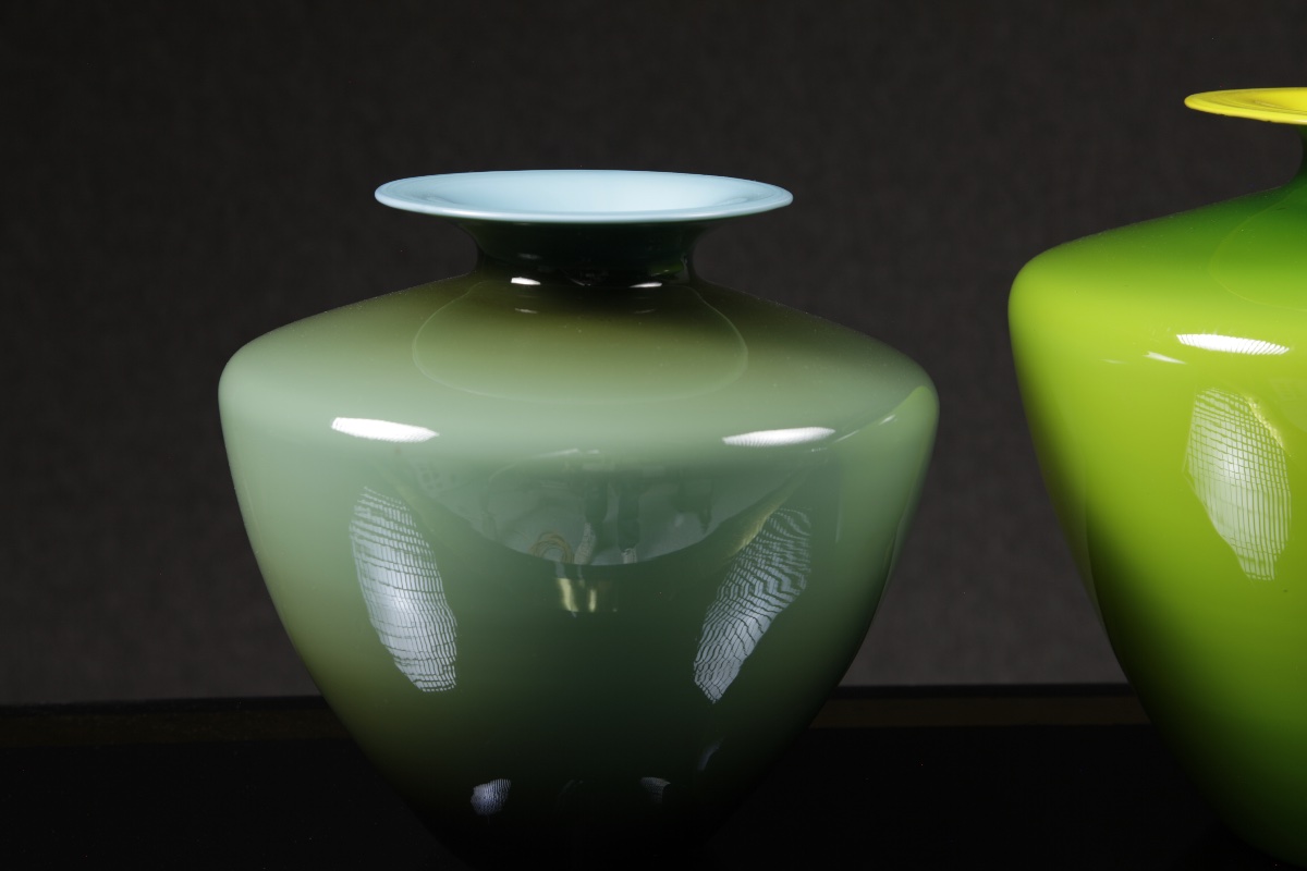 Deux vases Murano de Carlo Nason bleu gris turquoise et vert tendre jaune clair -photo-3