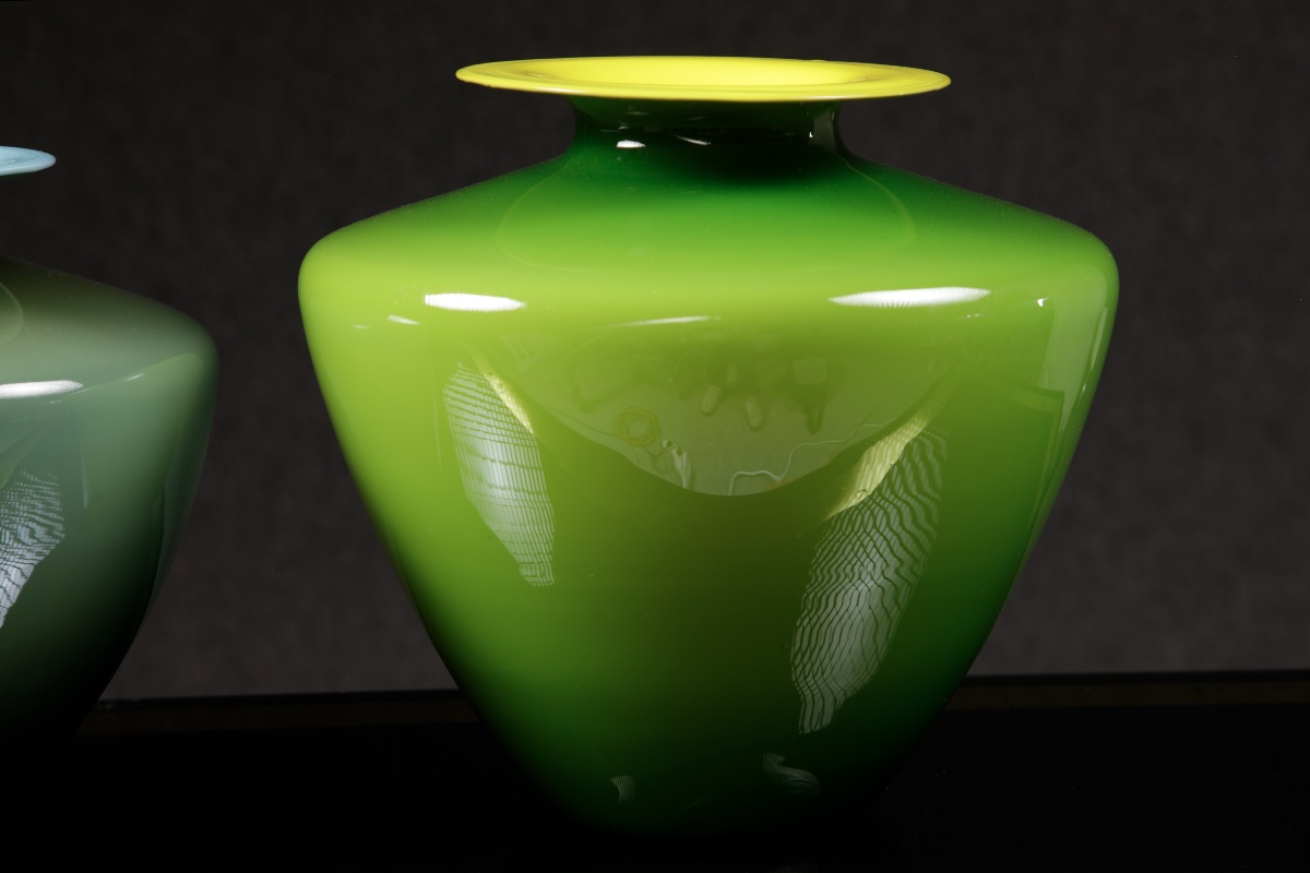 Deux vases Murano de Carlo Nason bleu gris turquoise et vert tendre jaune clair -photo-4