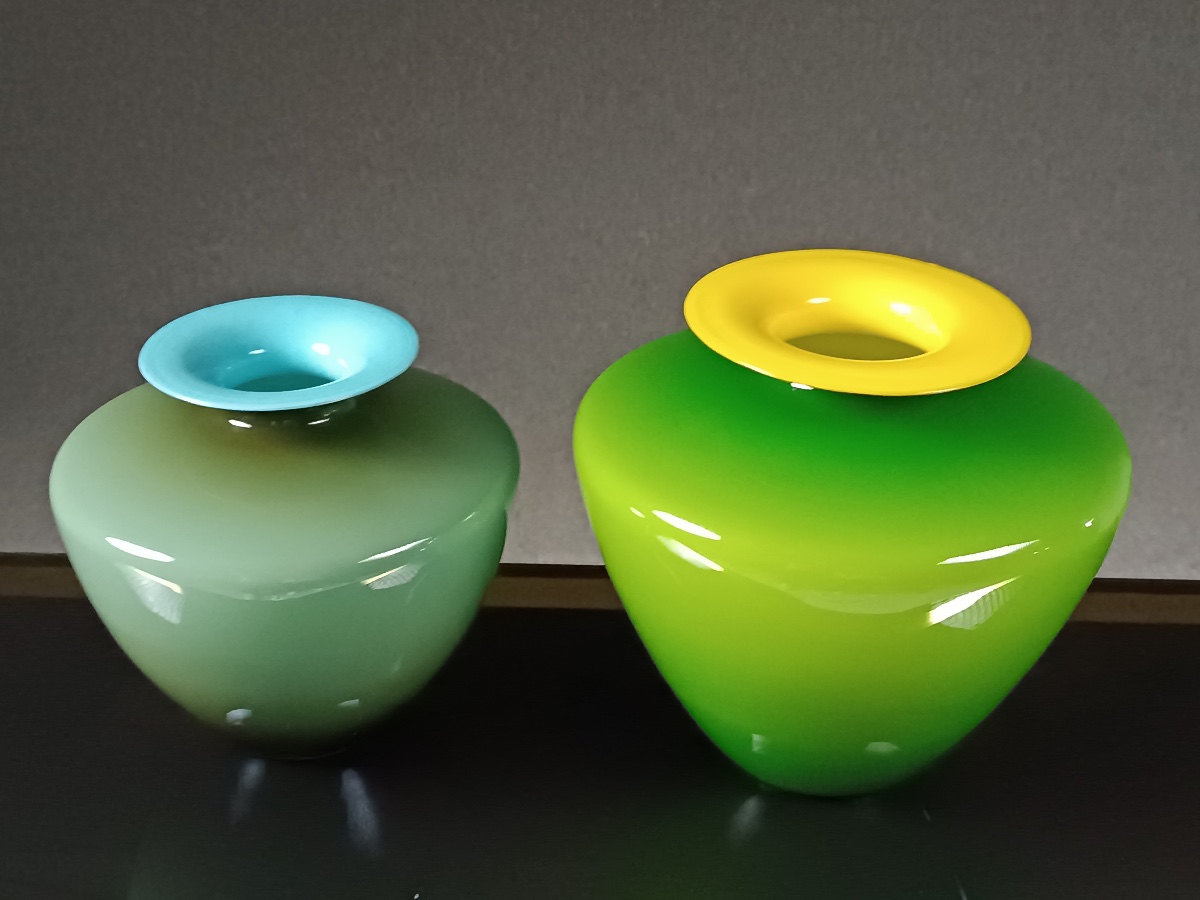 Deux vases Murano de Carlo Nason bleu gris turquoise et vert tendre jaune clair 