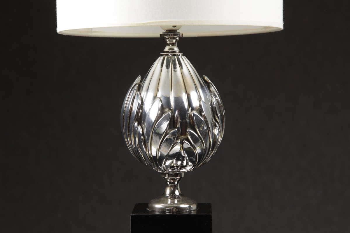 1970s Chrome-plated Metal And Lacquered Wood Lamp Jansen Le Dauphin Art Deco -photo-2