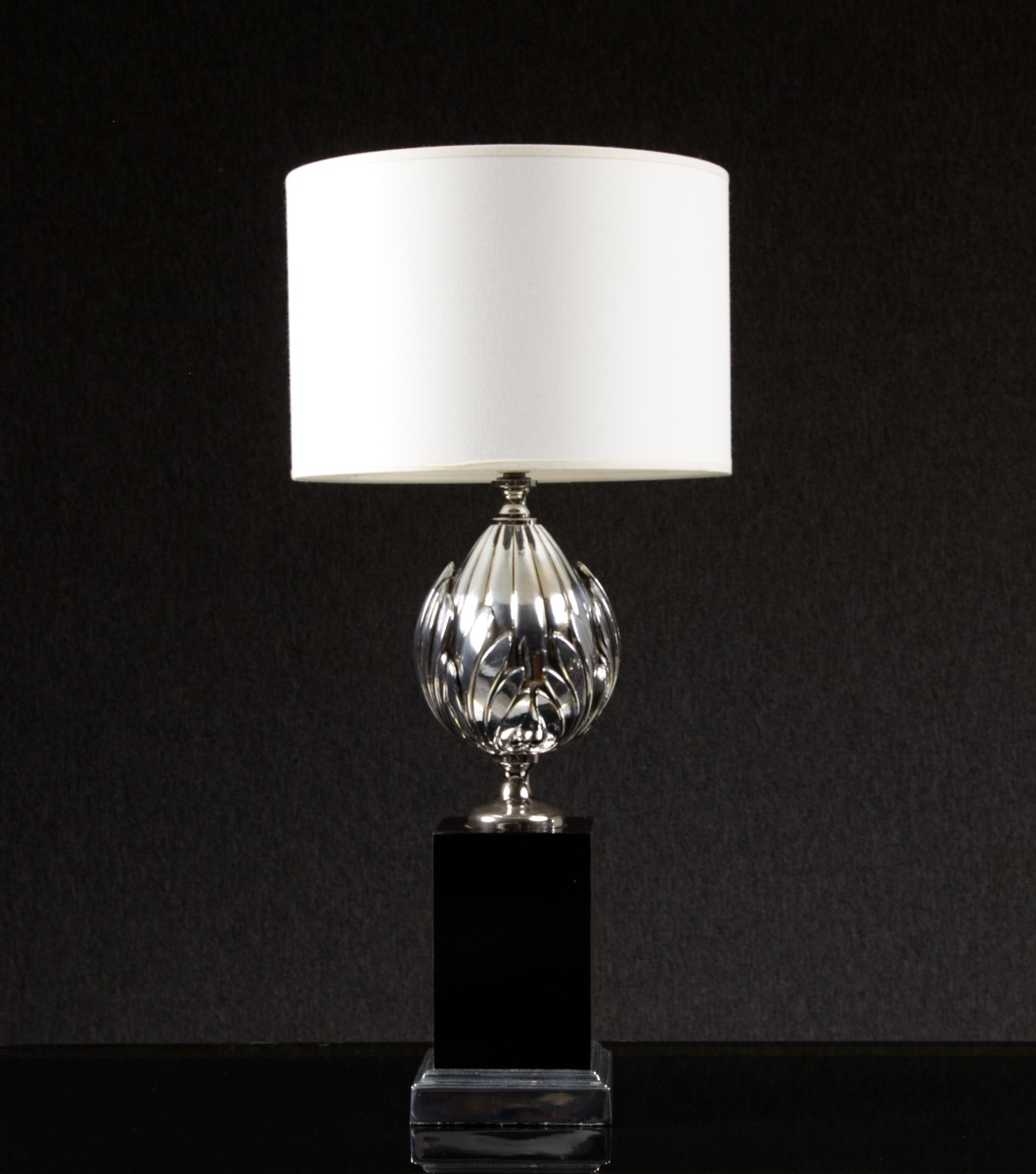1970s Chrome-plated Metal And Lacquered Wood Lamp Jansen Le Dauphin Art Deco 
