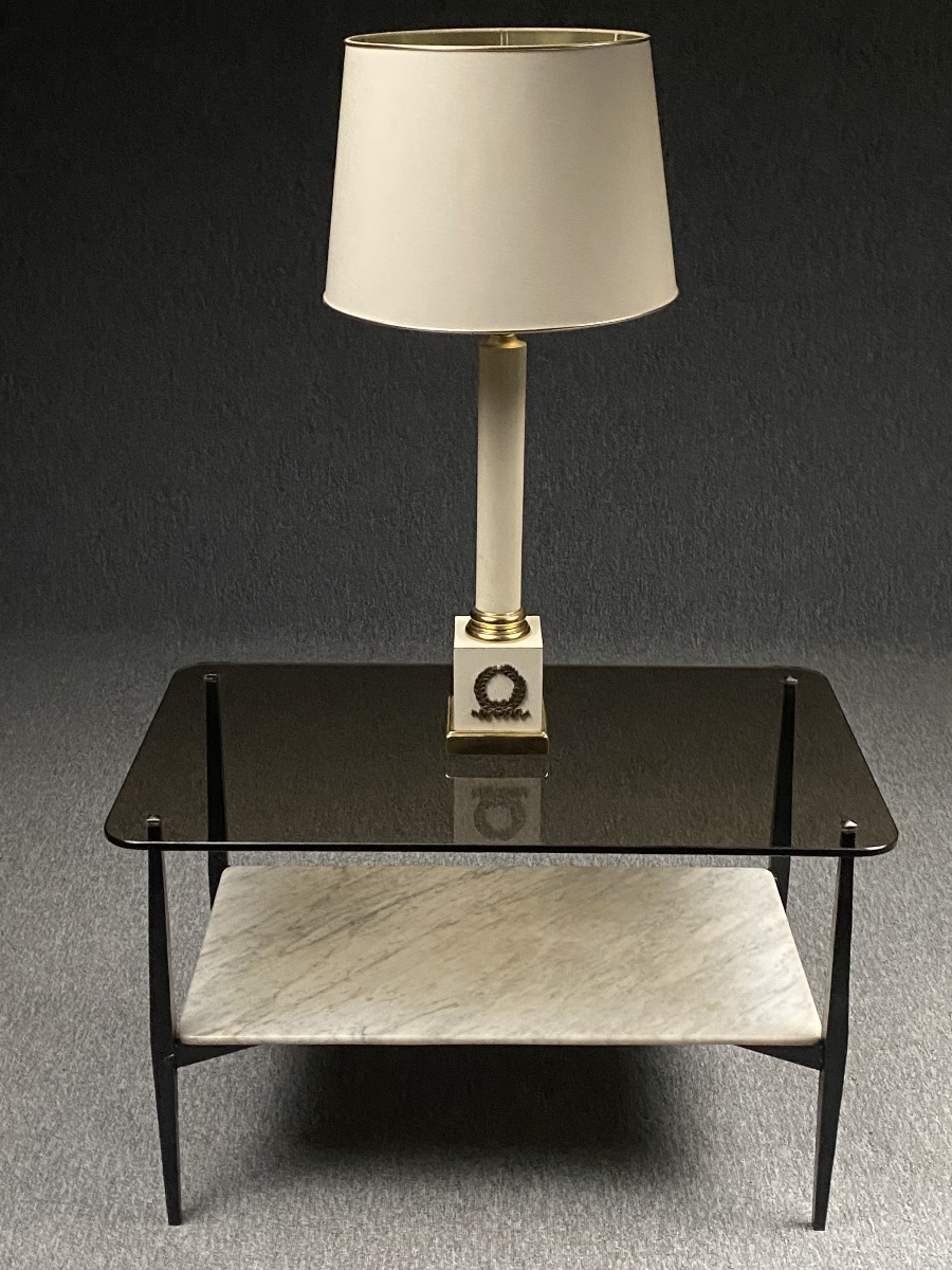 Neoclassical Empire-style Table Lamp In White Lacquered Wood And Brass By Maison Le Dauphin, Circa 1970-photo-2