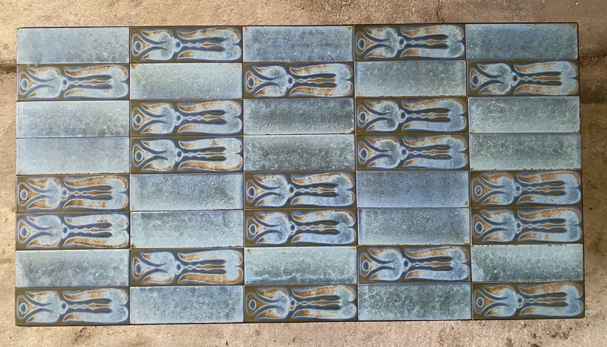 Modernist Coffee Table Made Of Blue-gray Glazed Ceramic With A Bird Motif; 1960s