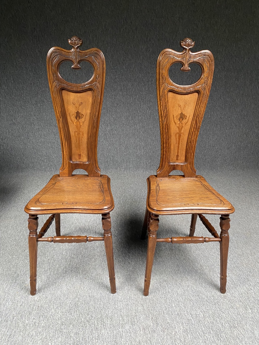 Pair Of Art Nouveau-era Side Chairs With Irises By émile Gallé, Circa 1885–1890 -photo-3