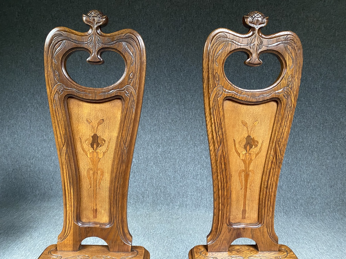 Pair Of Art Nouveau-era Side Chairs With Irises By émile Gallé, Circa 1885–1890 -photo-1