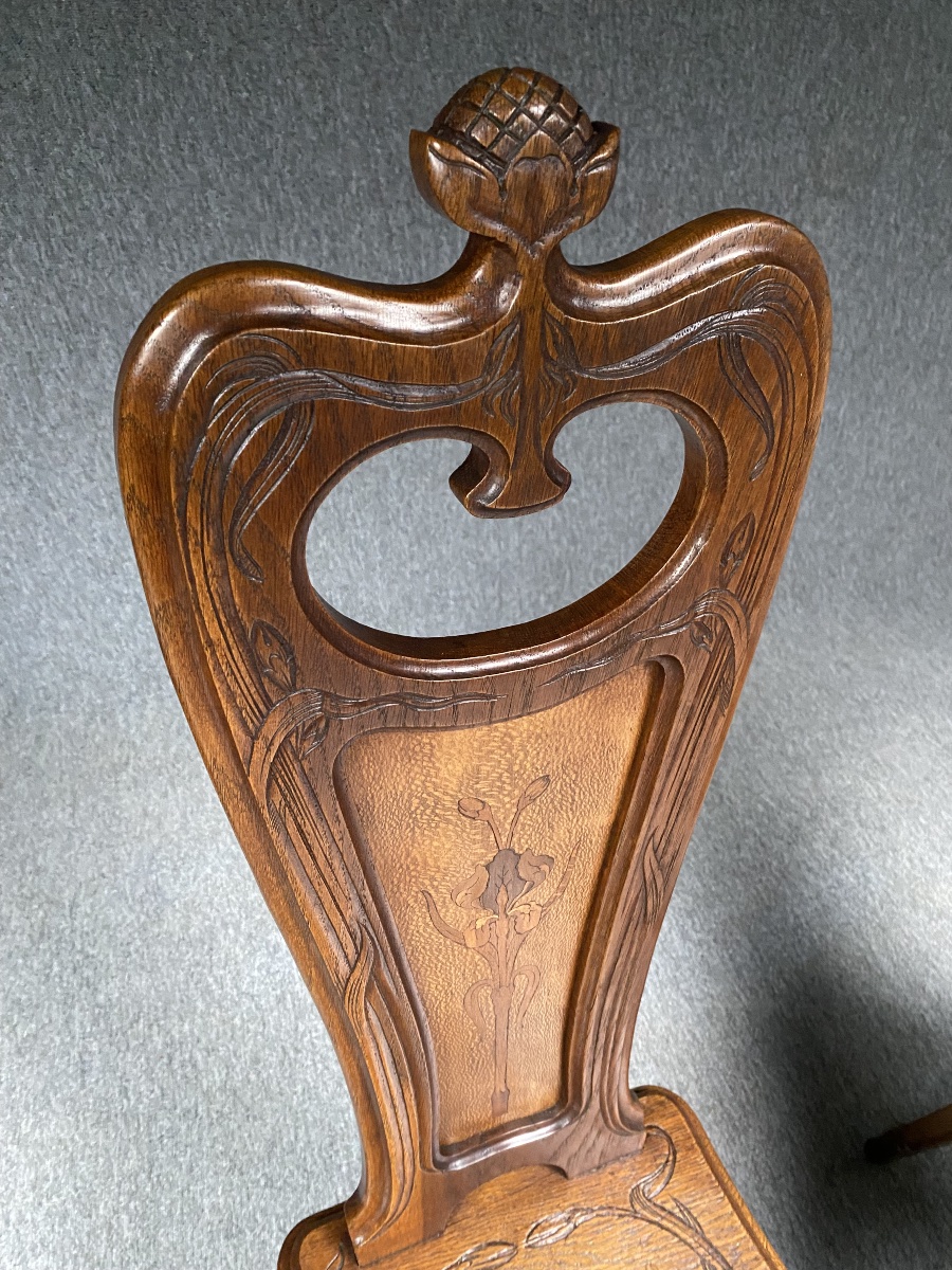Pair Of Art Nouveau-era Side Chairs With Irises By émile Gallé, Circa 1885–1890 -photo-3