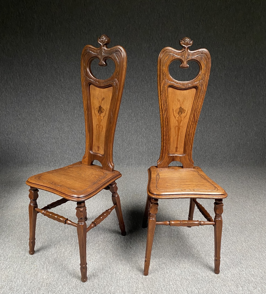 Pair Of Art Nouveau-era Side Chairs With Irises By émile Gallé, Circa 1885–1890 