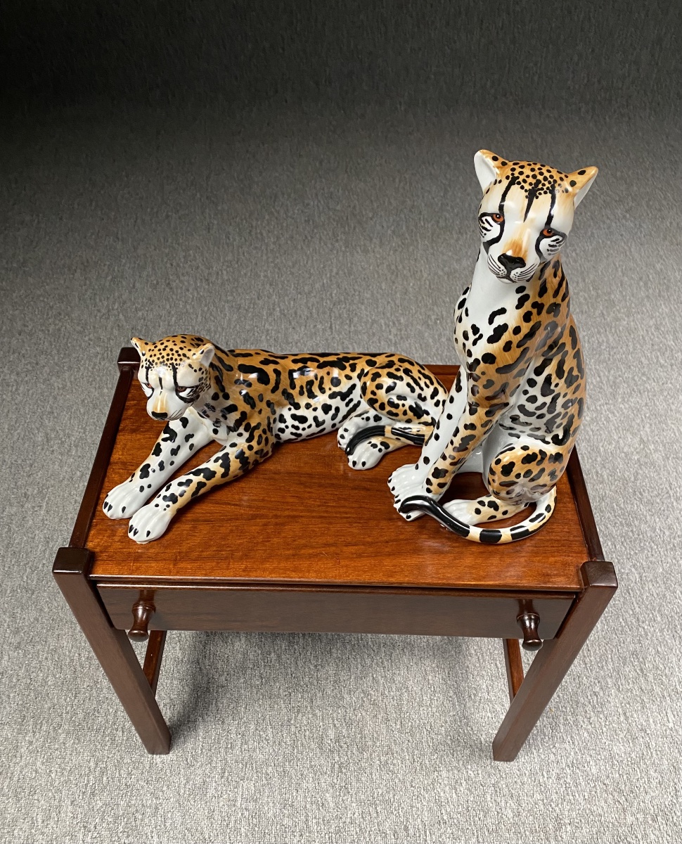 Paire de leopards en porcelaine XXeme peints &agrave; la main Style Hollywood Regency -photo-2