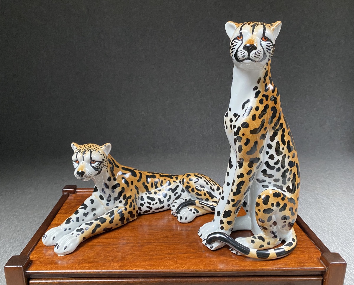 Paire de leopards en porcelaine XXeme peints &agrave; la main Style Hollywood Regency -photo-3