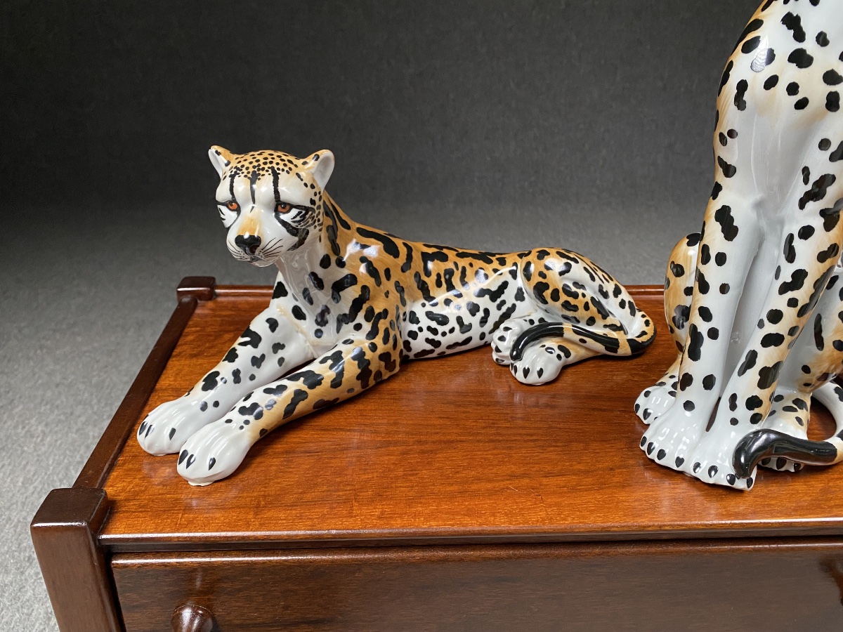 Paire de leopards en porcelaine XXeme peints &agrave; la main Style Hollywood Regency -photo-4