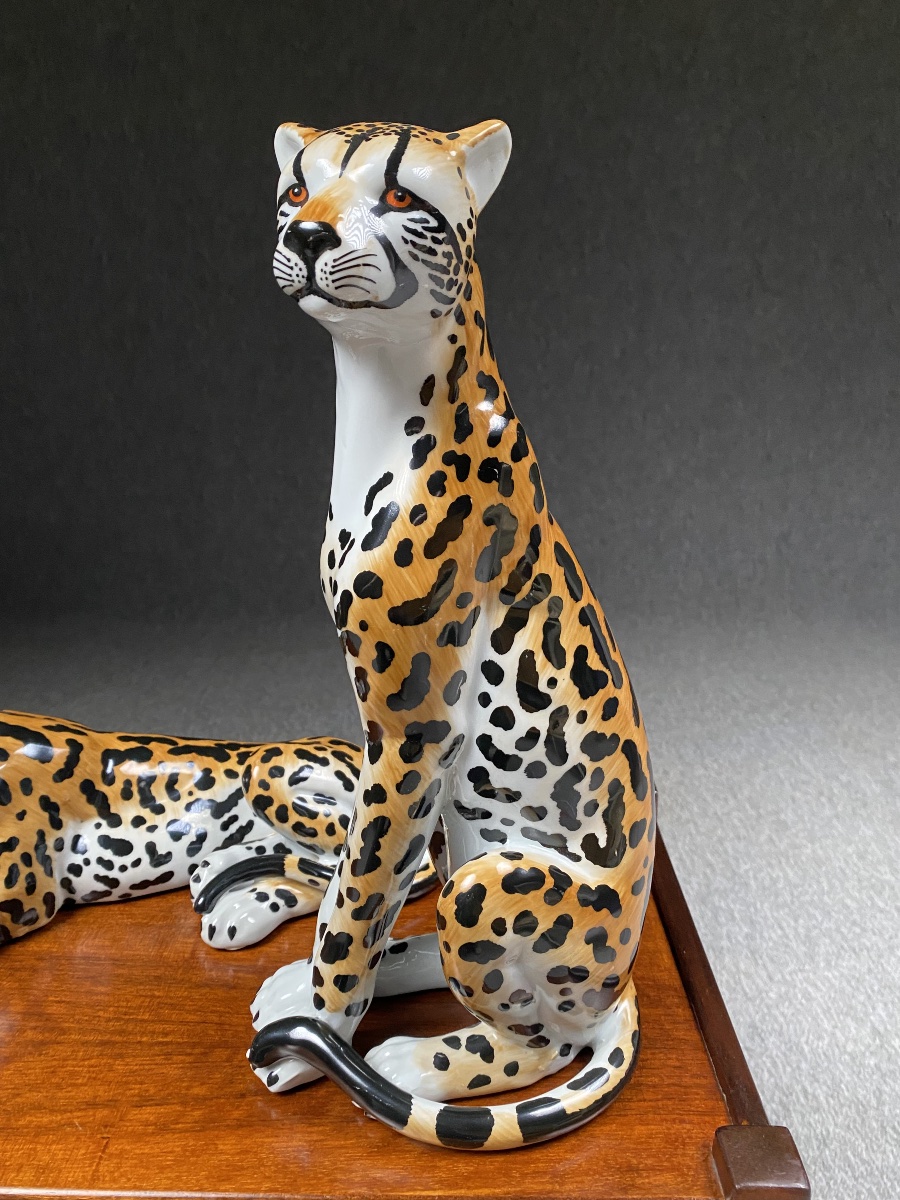 Paire de leopards en porcelaine XXeme peints &agrave; la main Style Hollywood Regency -photo-1