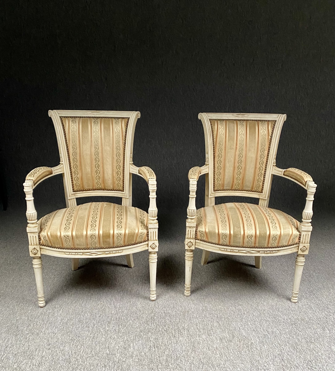 Pair Of Directoire-style Armchairs In White Patina And Silk Velvet -photo-2