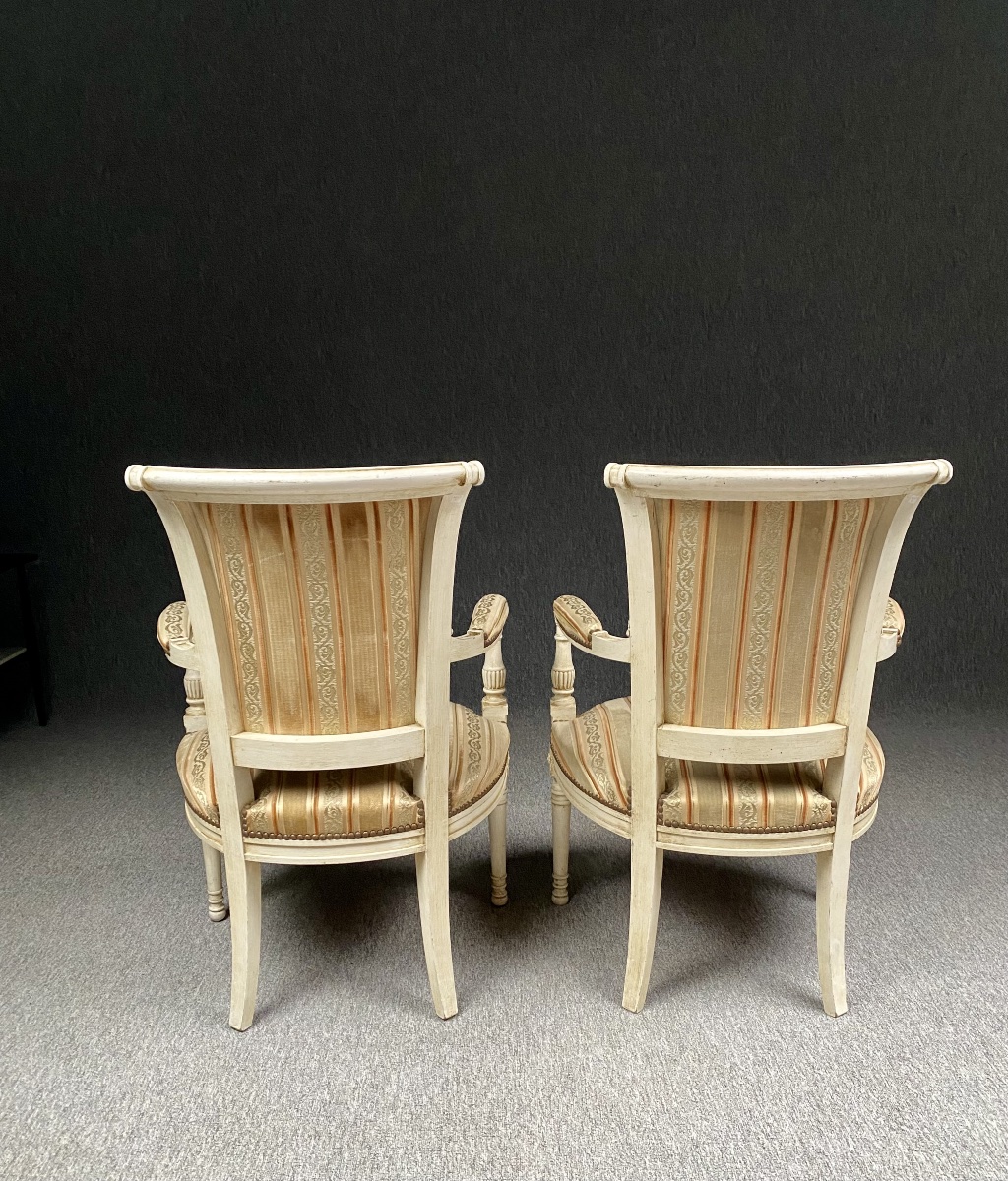 Pair Of Directoire-style Armchairs In White Patina And Silk Velvet -photo-3