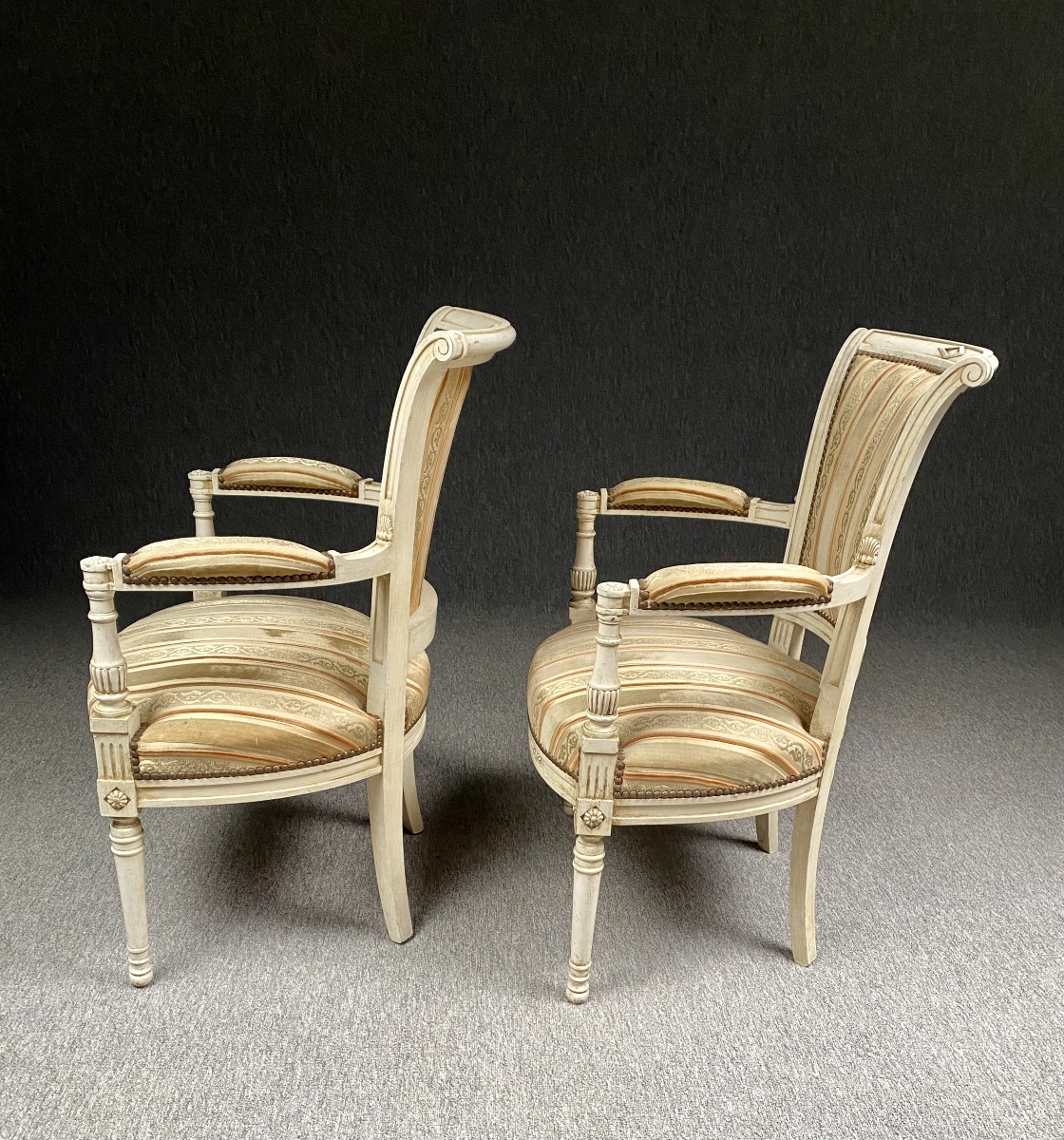 Pair Of Directoire-style Armchairs In White Patina And Silk Velvet -photo-1