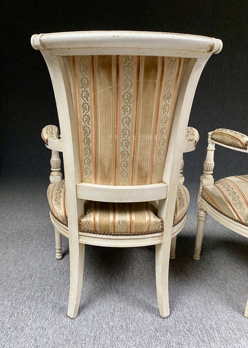 Pair Of Directoire-style Armchairs In White Patina And Silk Velvet -photo-2