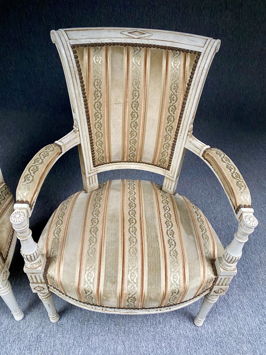 Pair Of Directoire-style Armchairs In White Patina And Silk Velvet -photo-6