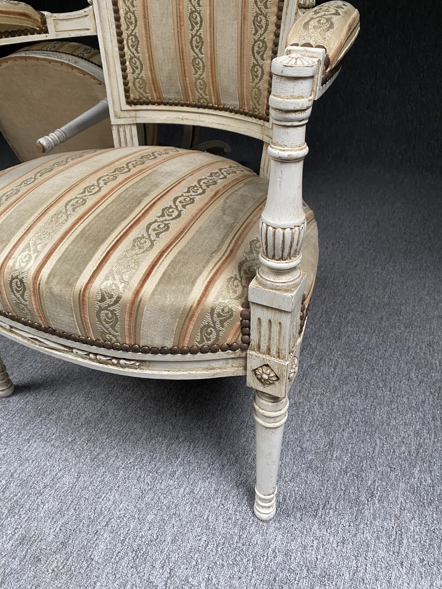 Pair Of Directoire-style Armchairs In White Patina And Silk Velvet -photo-7